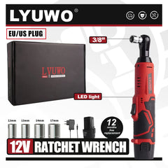 LYUWO 12V Cordless Right Angle Electric Wrench 45NM 3/8 Inch Ratchet Wrench Disassembly Nut Car Maintenance Tool With 4 Sockets