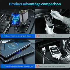 4in1 Retractable Car Charger with USB Roof Star Type-C Cable for iPhone Fast Charging Cigarette Lighter Adapter Starlight Phone