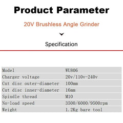 Worx WU806 Wireless Angle Grinder Brushless 20v 100x16mm 9500rpm Clutch Protection for Polishing Cutting Share Kress Battery