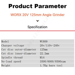 Worx WU809 Cordless Angle Grinder Brushless 20v 125x22.2 Clutch Protection for Polishing Cutting Share 5pin Green&Kress Battery