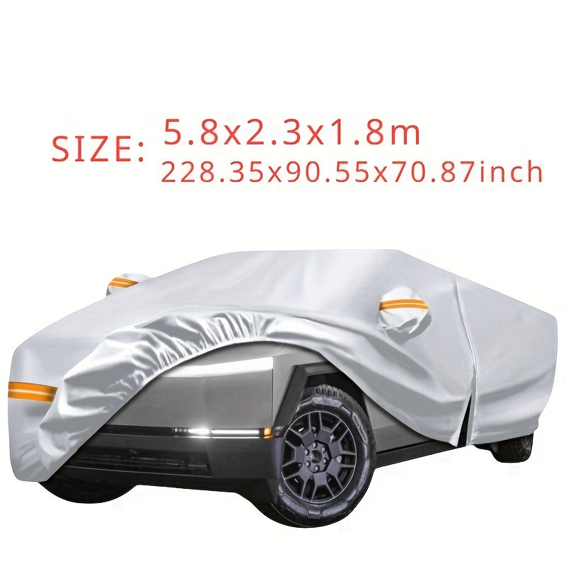 Silvery waterproof cover suitable for Tesla trucks, all-weather zipper door and windshield cover, protection against snow, rain and hail, Silvery car cover with reflective strips suitable for Tesla Cybertruck exclusive car co