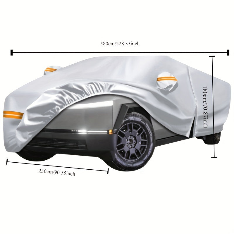 Silvery waterproof cover suitable for Tesla trucks, all-weather zipper door and windshield cover, protection against snow, rain and hail, Silvery car cover with reflective strips suitable for Tesla Cybertruck exclusive car co