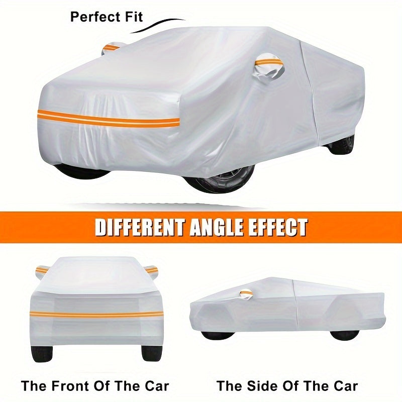 Silvery waterproof cover suitable for Tesla trucks, all-weather zipper door and windshield cover, protection against snow, rain and hail, Silvery car cover with reflective strips suitable for Tesla Cybertruck exclusive car co