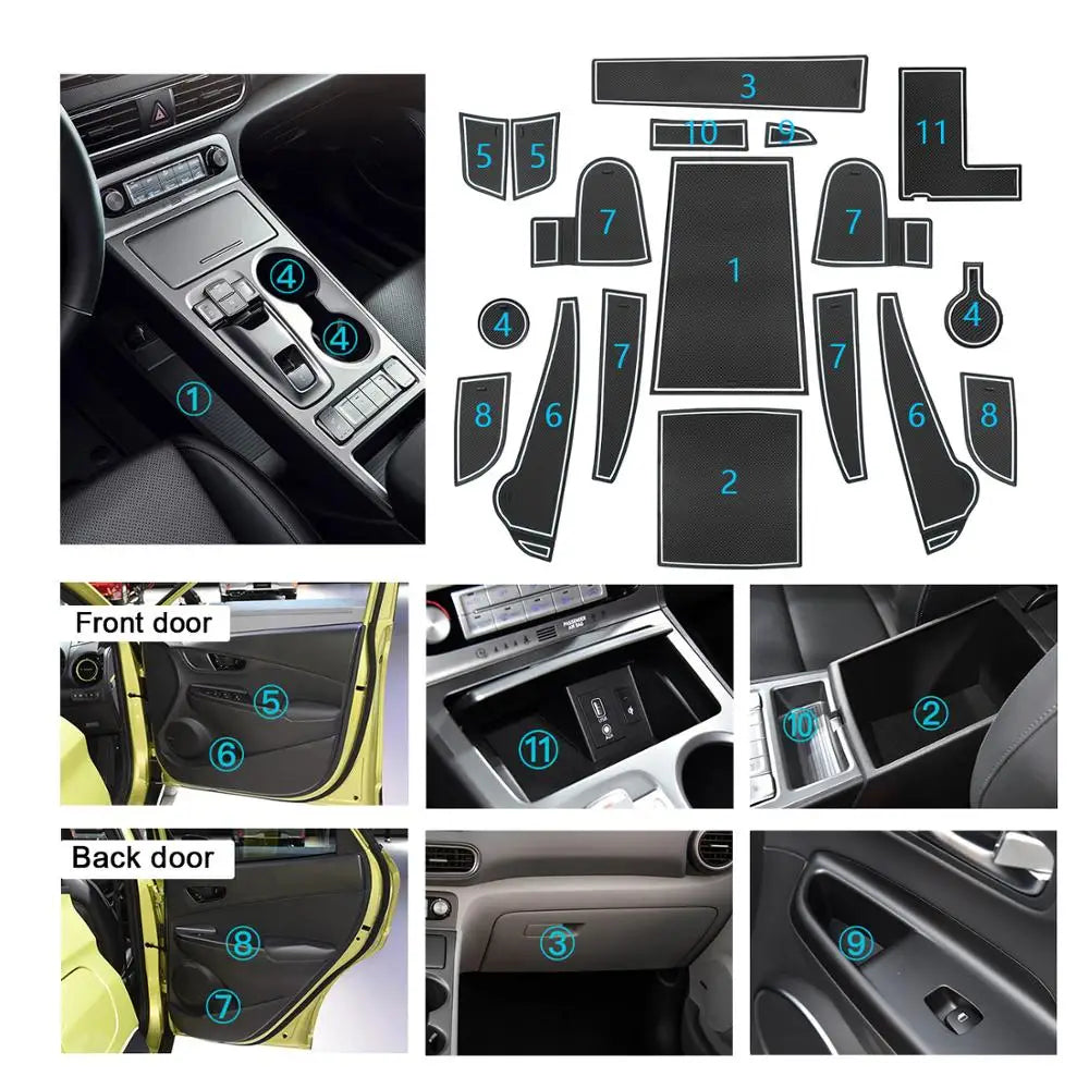 LFOTPP Car Door Groove Mat for Kona EV Kona Elektro 2020 2021 2022 Car Gate Slot Cup Mat Auto Interior Kona EV Accessories 2022