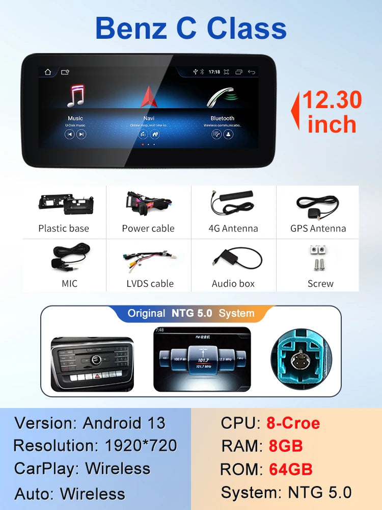 2024 New Car Multimedia Wireless Android AUTO CarPlay 12.3inch Screen For Mercedes Benz C Class GLC W205 S205 Video Players