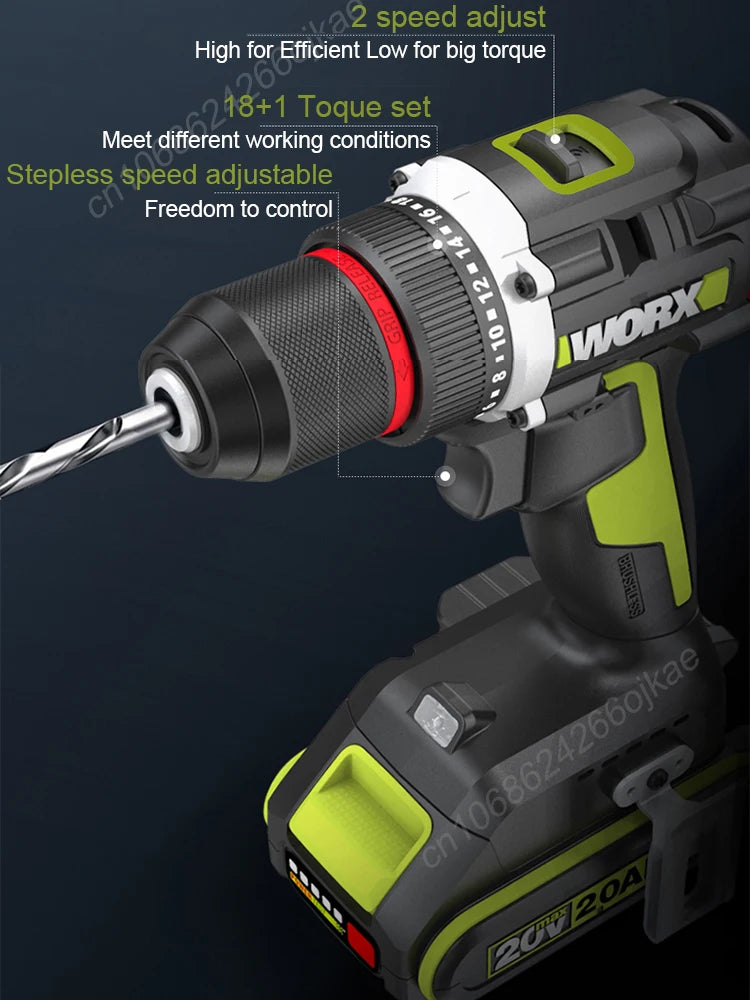 Worx WU173 Wireless Dual Speed Drill Rechargeable Brushless 20v 50Nm 1900rpm 18+1 Torque Adjustable Share WORX 5pin Battery