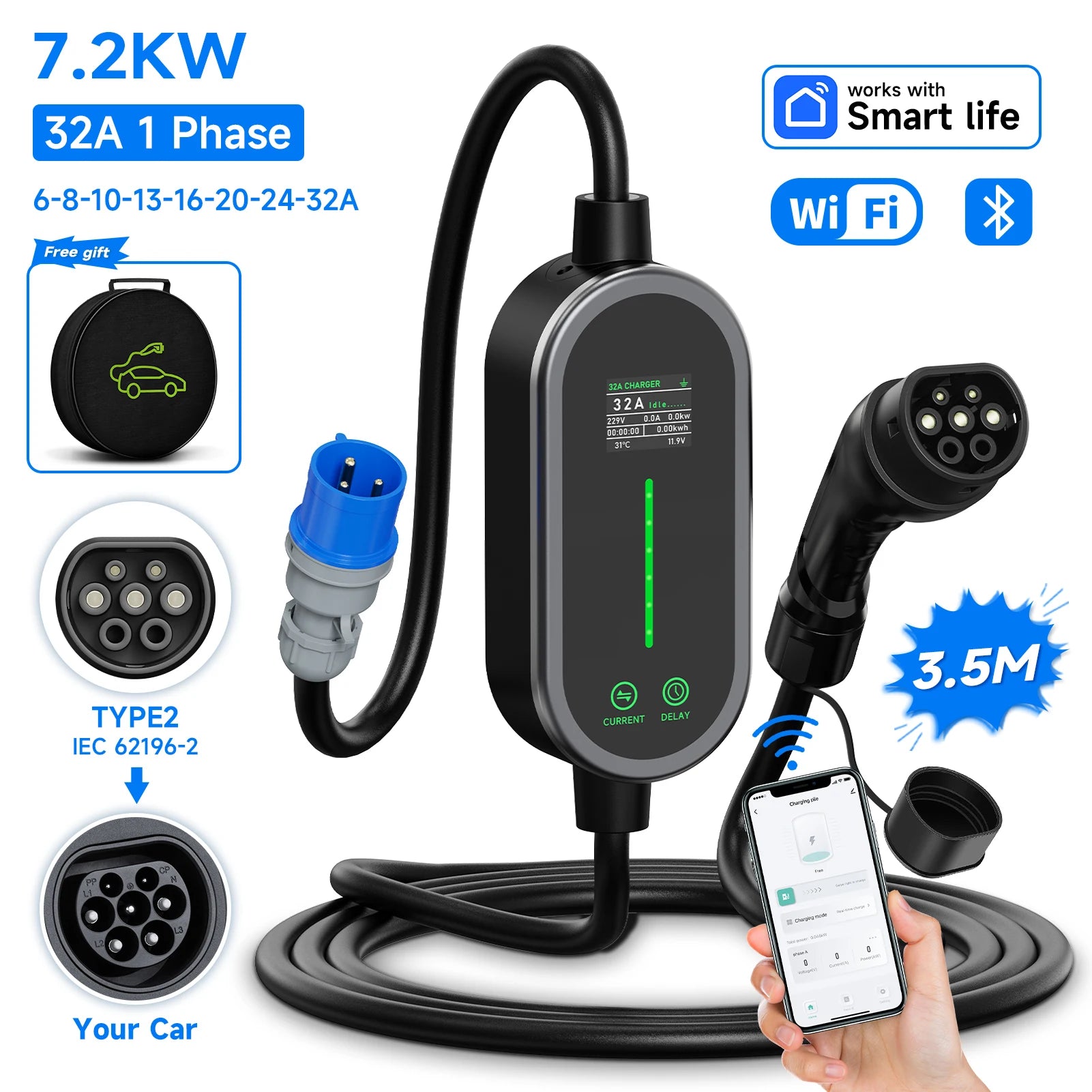 AFYEEV Type 2 Portable EV Charger 7.2KW 32A 1Phase Wallbox Type1 GB/T EVSE Charging Cable CEE Plug WiFi APP Bluetooth Control