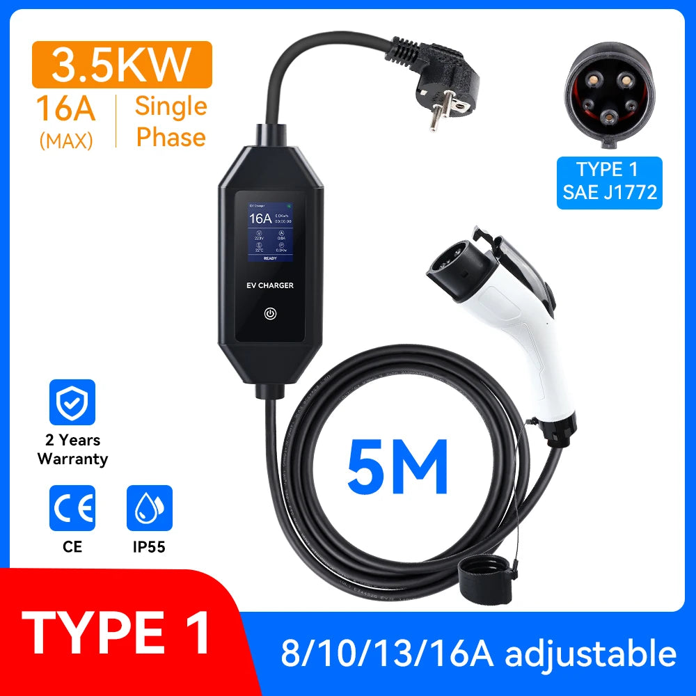 ADPOW Portable 16A Type1 EV Chargers SAE J1772 Socket 3.5KW 5M Cable Current Adjustable Wallbox EV Charging Accessories