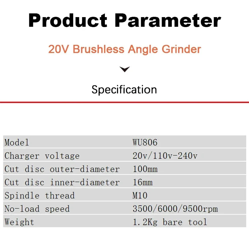 Worx Cordless Angle Grinder Brushless WU806 Bare Tool 20v 100x16mm 9500rpm Clutch Protection for Polishing Cutting Share Kress