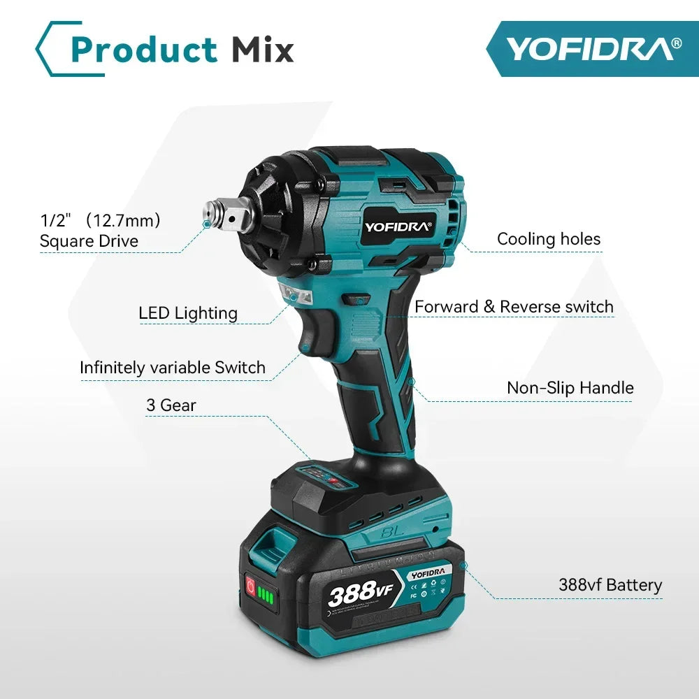 Yofidra Brushless 1000N.M Electric Impact Wrench 3Funtion 1/2inch Cordless Screwdriver Electric Drill For Makita 18V Battery Pin