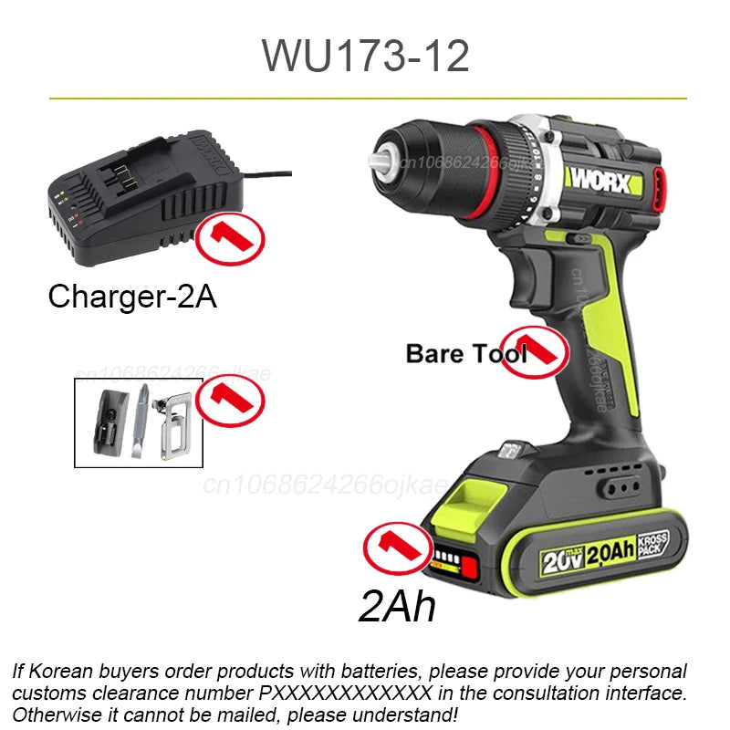 Worx WU173 Wireless Dual Speed Drill Rechargeable Brushless 20v 50Nm 1900rpm 18+1 Torque Adjustable Share WORX 5pin Battery