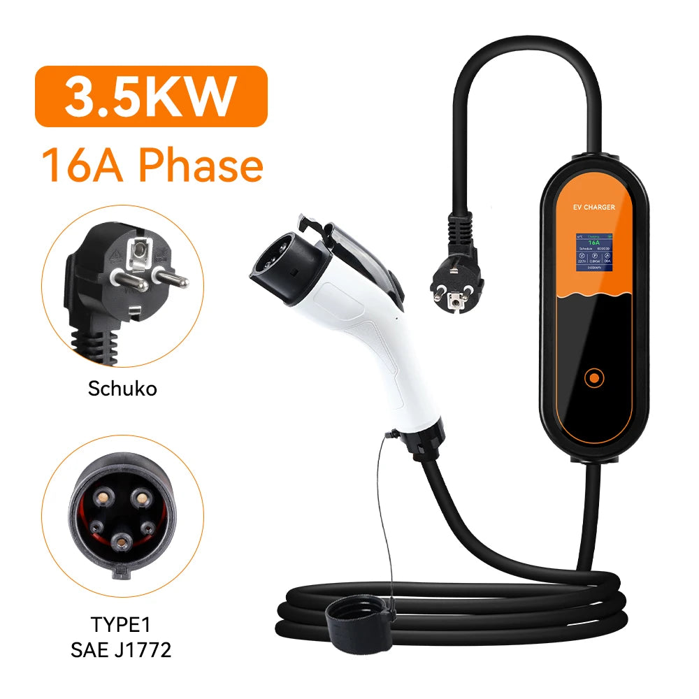 3.5KW Type2 Portable EV Charger 16A 1Phase EU Plug EVSE Charging 8A-10A-13A-16A Current Adjustable Electric Vehicle Charging