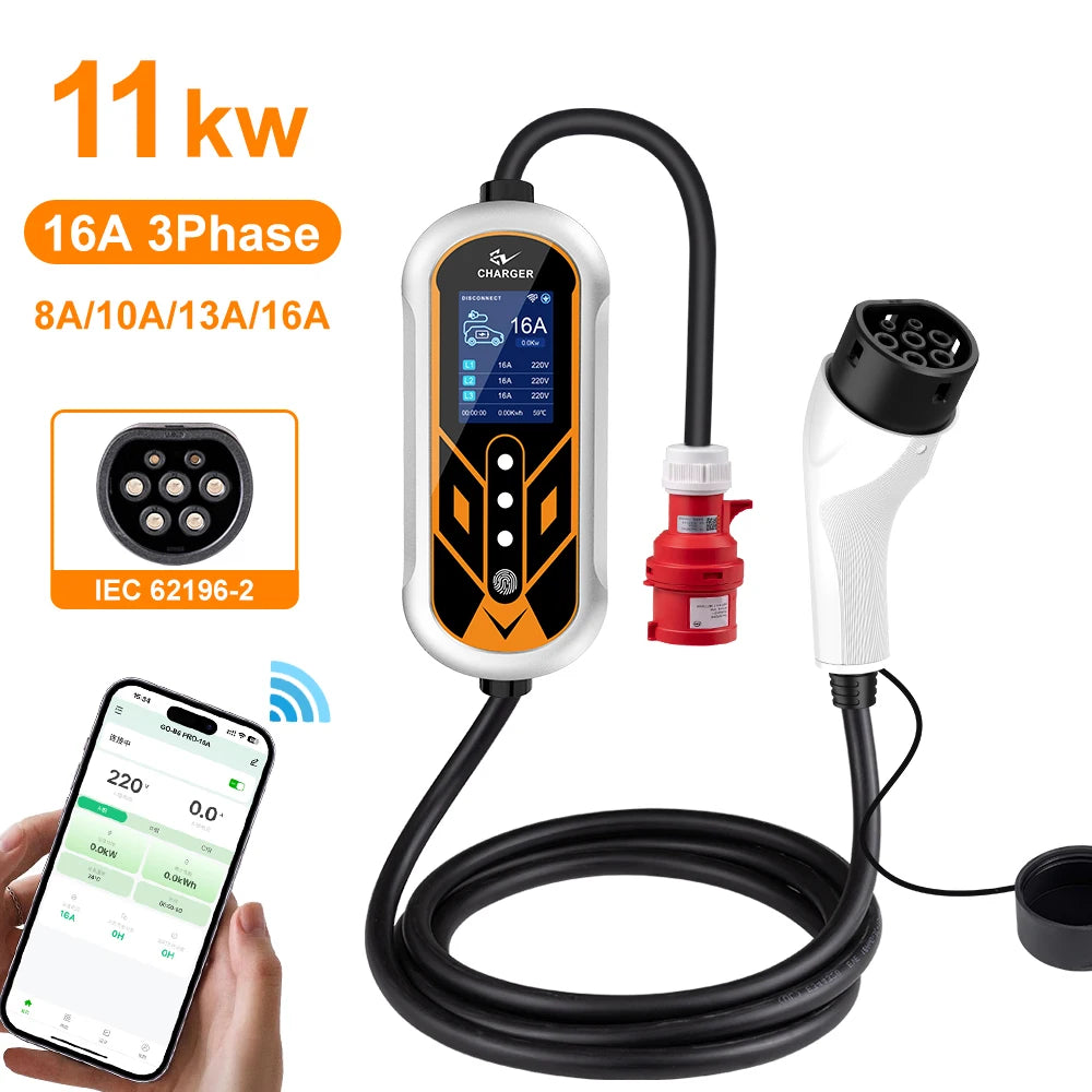 ADPOW Portable 32A Type2 EV Chargers 3Phase 22KW Red 5Pins CEE Plug 5M Cable WIFI APP Control Electric Car Charging Accessories