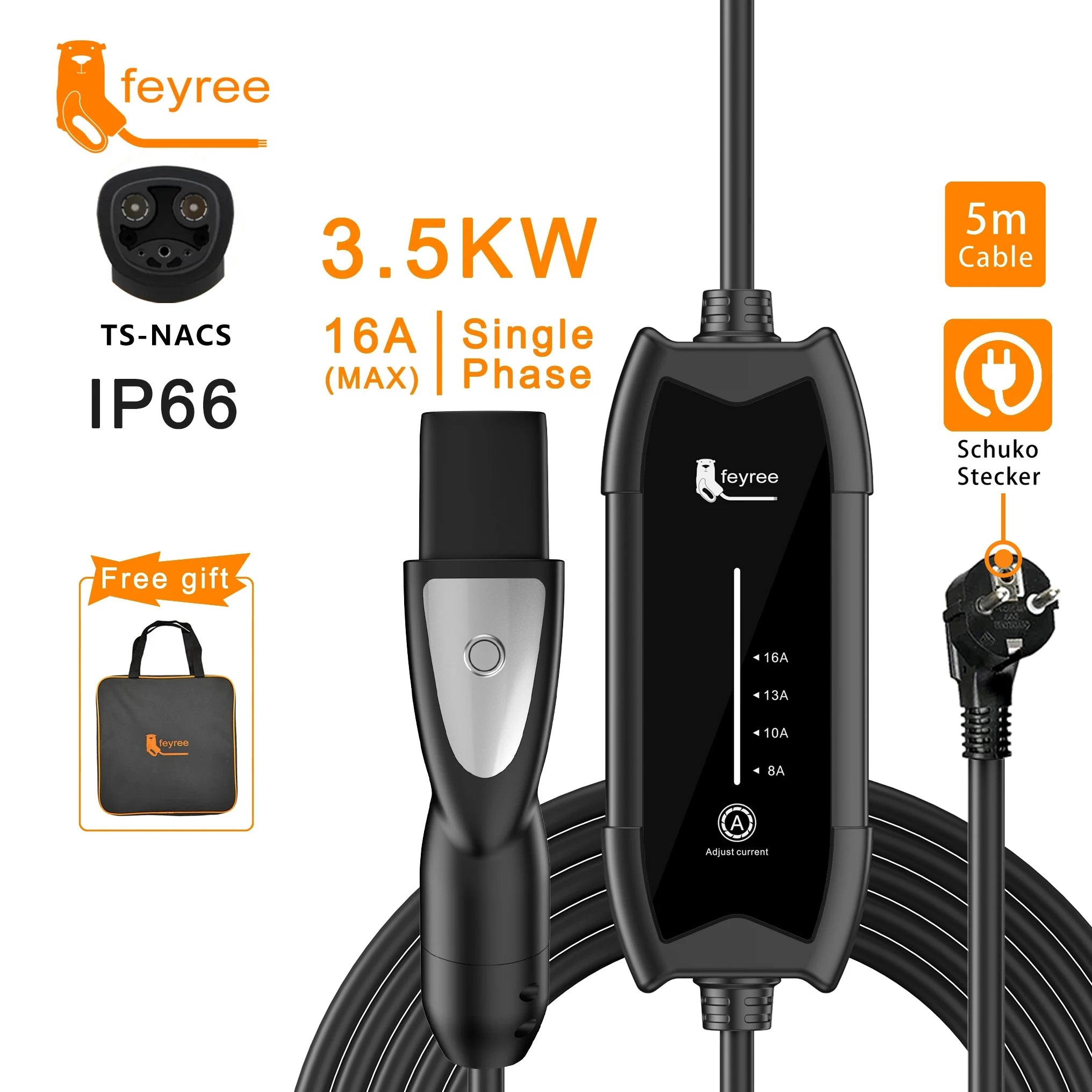 feyree Type2 3.5KW 16A 1Phase EV Charger Portable Charging Box Current Adjustable 5m Cable Charging Station for Electric Vehicle