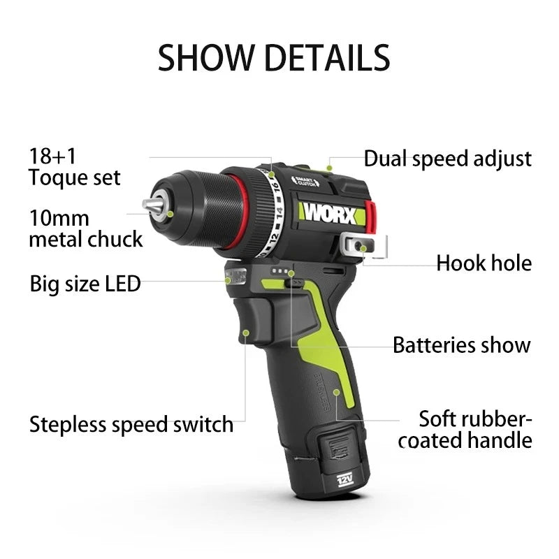WORX WU135 Cordless Electric Drill 12V 50Nm 1800rpm Brushless Motor Electric Screwdriver Impact Drill Metalworking Smart Cutch