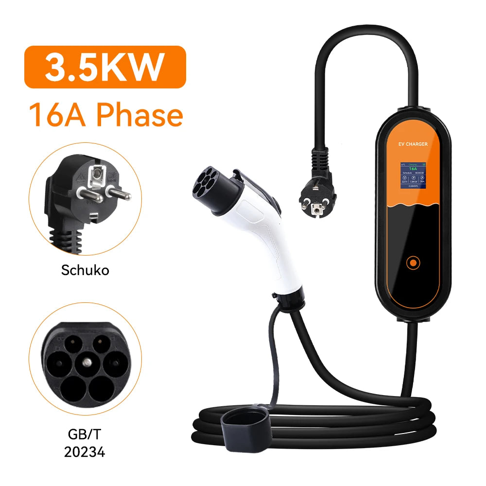3.5KW Type2 Portable EV Charger 16A 1Phase EU Plug EVSE Charging 8A-10A-13A-16A Current Adjustable Electric Vehicle Charging