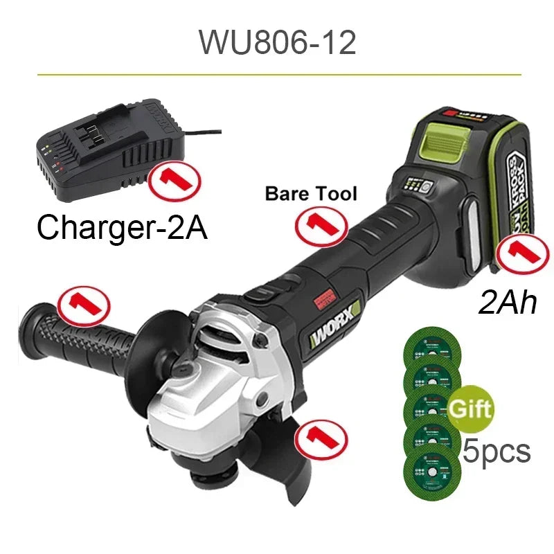 Worx WU806 Wireless Angle Grinder Brushless 20v 100x16mm 9500rpm Clutch Protection for Polishing Cutting Share Kress Battery