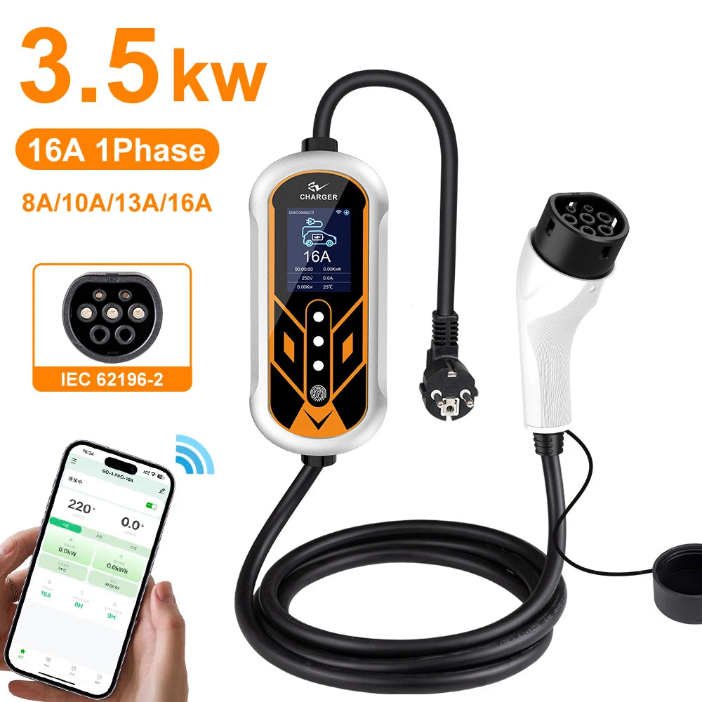 ADPOW Portable 32A Type2 EV Chargers 3Phase 22KW Red 5Pins CEE Plug 5M Cable WIFI APP Control Electric Car Charging Accessories