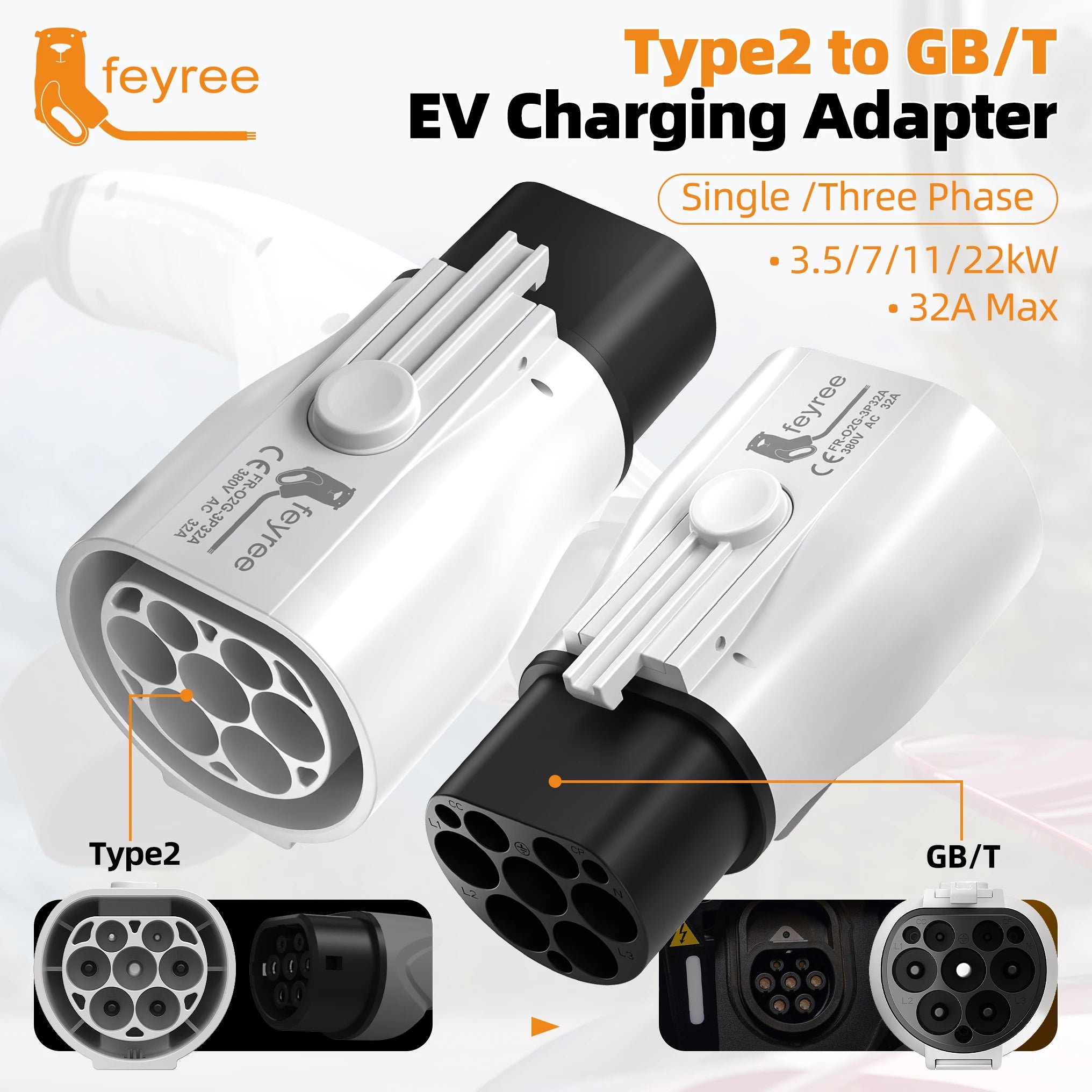 Feyree EV Charger Adapter Type2 to GB/T Converter 32A 22KW 3P for China Standard Electric Vehicle 7KW 32A 1P EV Car Connector