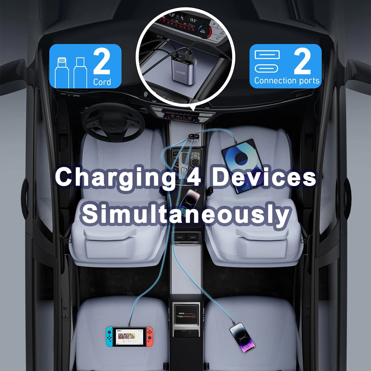 4in1 Retractable Car Charger with USB Roof Star Type-C Cable for iPhone Fast Charging Cigarette Lighter Adapter Starlight Phone