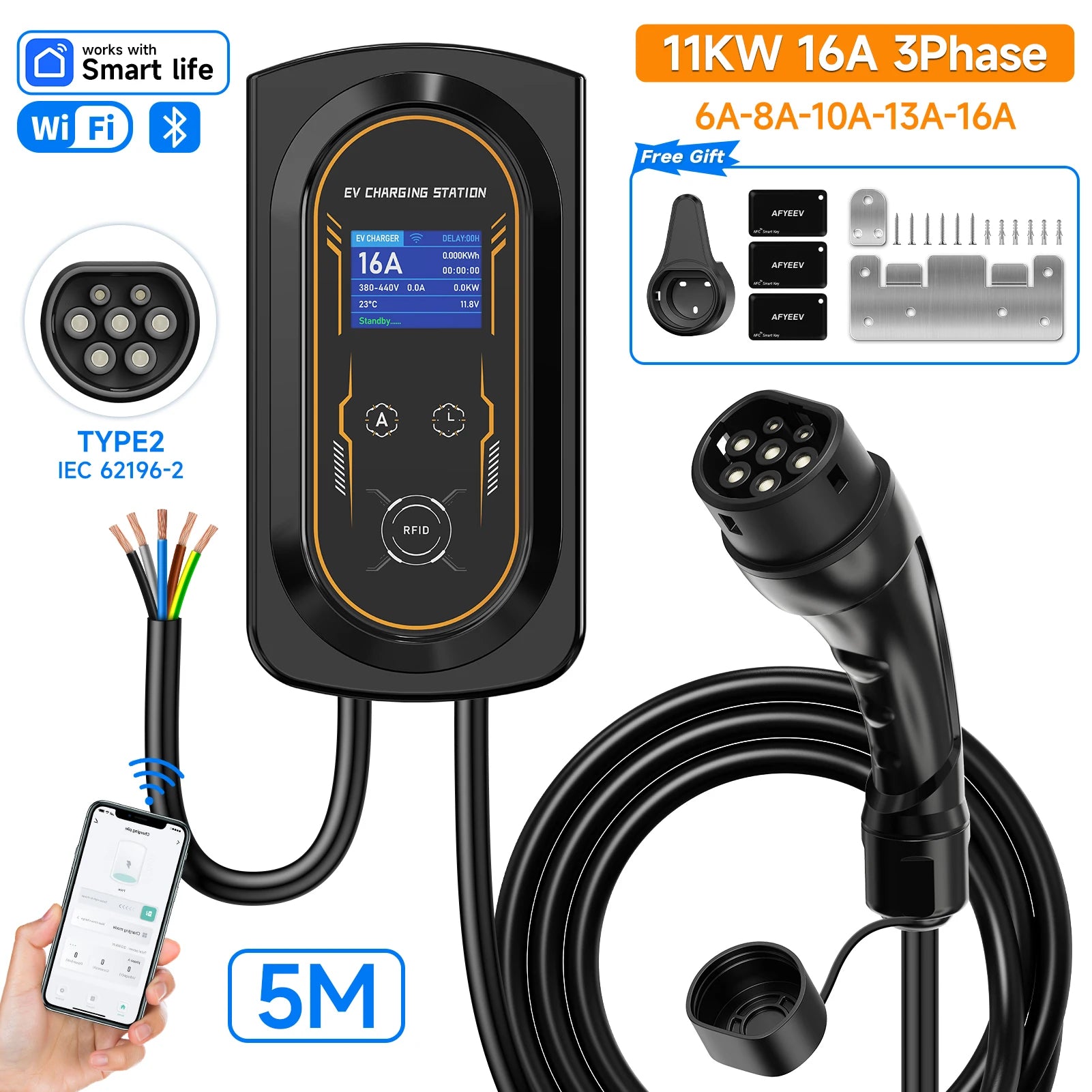 AFYEEV 11KW/22KW New Type2 IEC62196-2 16A/32A EV Charging Station 7.6KW Electric Car Wallbox Charger APP Remote Control CEE Plug