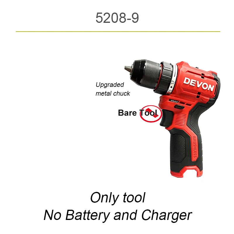 Devon Cordless Electric Drill  Brushless Motor 5208 12v 50Nm 1700rpm Dual Speed Torque Adjustable Share Flex Battery Platform