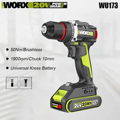 Worx WU173 Wireless Dual Speed Drill Rechargeable Brushless 20v 50Nm 1900rpm 18+1 Torque Adjustable Share WORX 5pin Battery