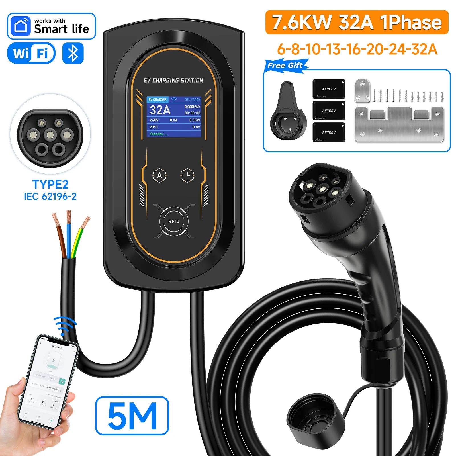 AFYEEV 11KW/22KW New Type2 IEC62196-2 16A/32A EV Charging Station 7.6KW Electric Car Wallbox Charger APP Remote Control CEE Plug