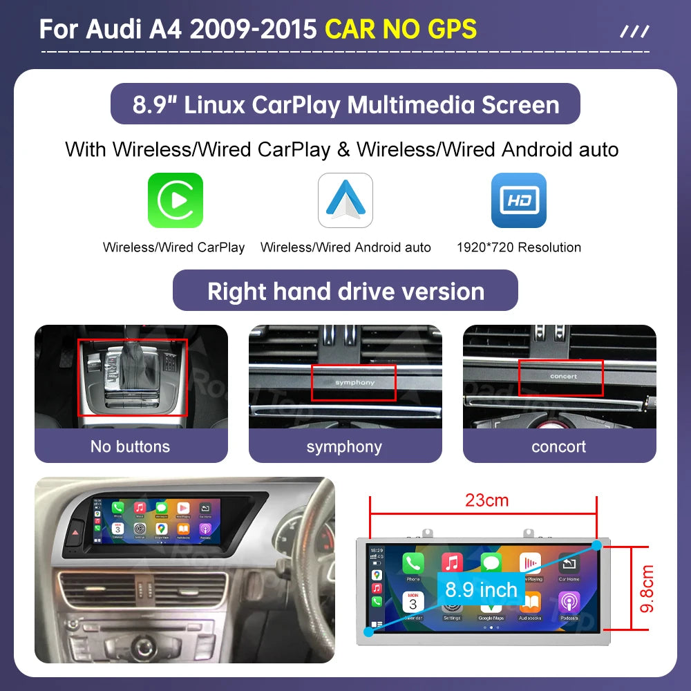 Road Top Radio Multimedia Linux Screen For Audi A4 A5 2009-2015 Wireless CarPlay Android Auto Airplay Car Player Function