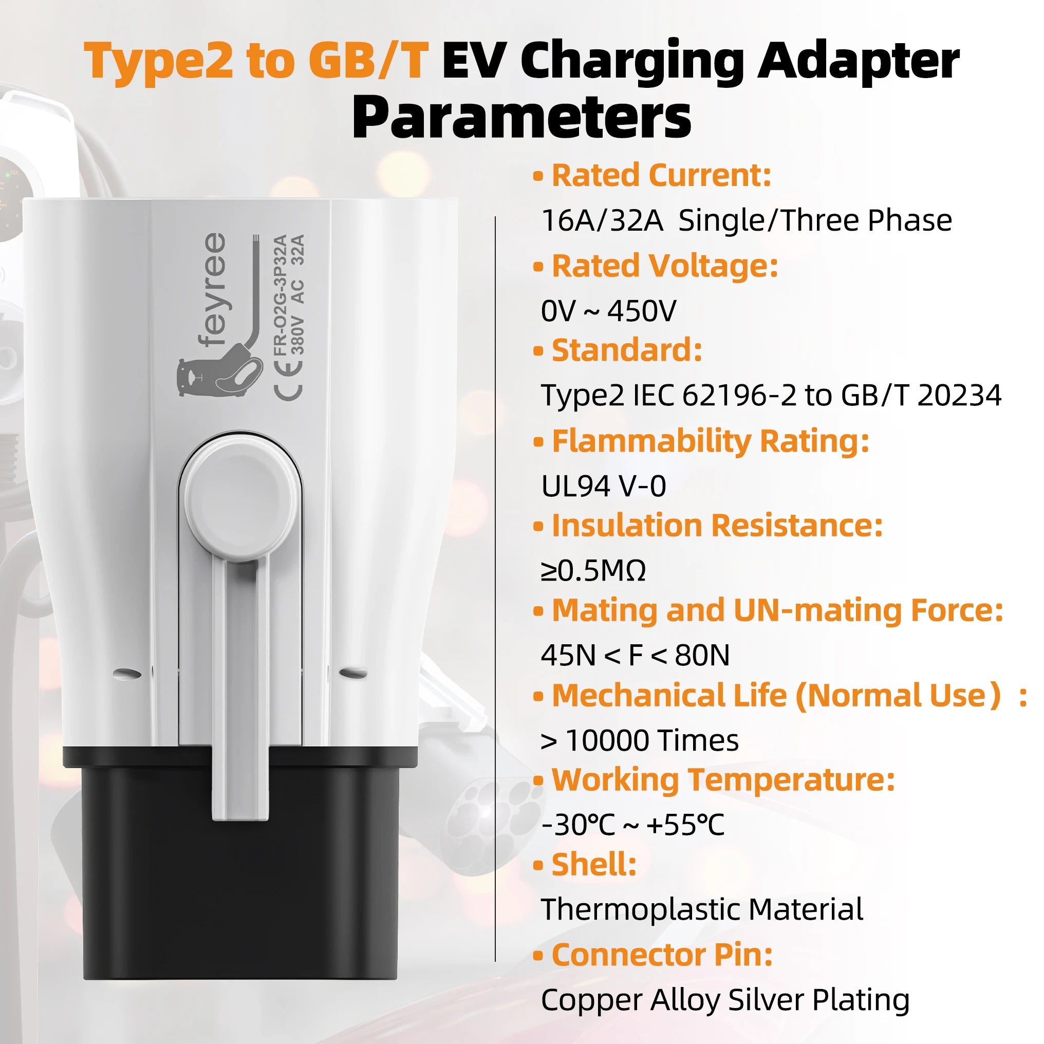 Feyree EV Charger Adapter Type2 to GB/T Converter 32A 22KW 3P for China Standard Electric Vehicle 7KW 32A 1P EV Car Connector