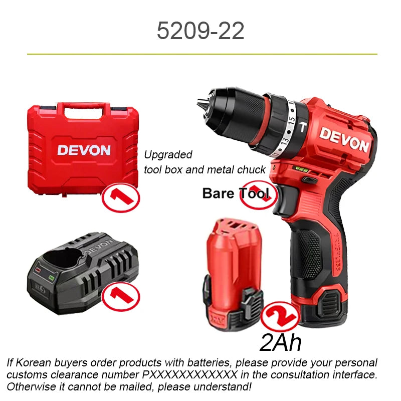 Devon Cordless Electric Drill  Brushless Motor 5208 12v 50Nm 1700rpm Dual Speed Torque Adjustable Share Flex Battery Platform
