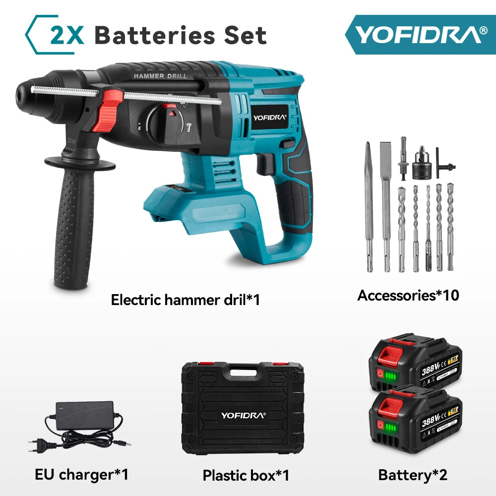 YOFIDRA 26mm Brushless Electric Hammer Drill Cordless Multifunctional Rechargeable Power Tools For Makita 18-21V Battery Pin