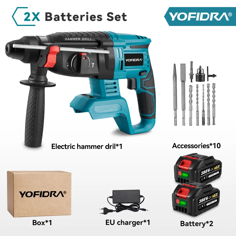 YOFIDRA 26mm Brushless Electric Hammer Drill Cordless Multifunctional Rechargeable Power Tools For Makita 18-21V Battery Pin