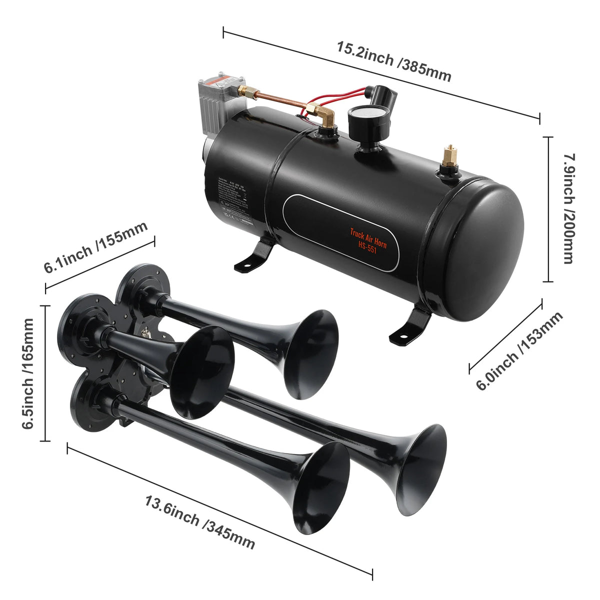 SucceBuy Train Horns Kit 4 Trumpet Air Horn Kit Train Horns 12V 120 psi Air Compressor for Any 12V Vehicle Car Truck Train Van