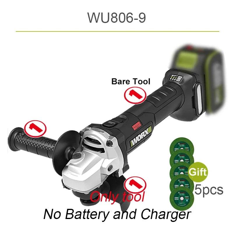 Worx WU806 Wireless Angle Grinder Brushless 20v 100x16mm 9500rpm Clutch Protection for Polishing Cutting Share Kress Battery