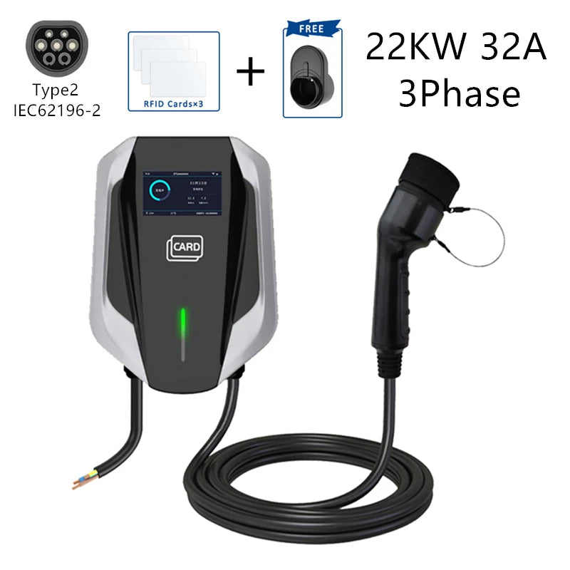 Type 2 EV Charging Station IEC62196 J1772 GBT 22KW 32A 3Phase Electric Vehicle Car Charger Wallbox Type 1 GB/T with APP Cards