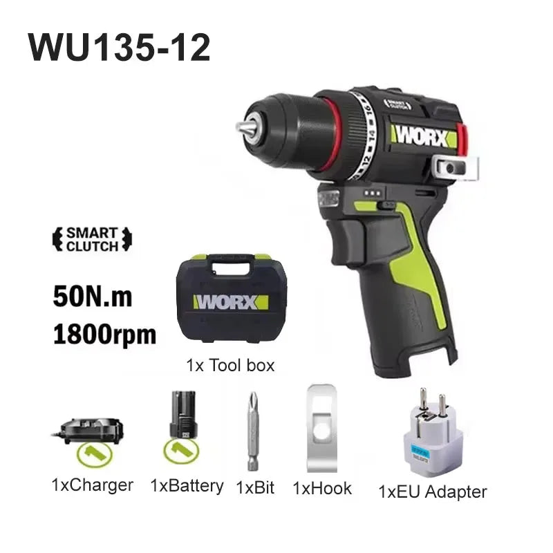 WORX WU135 Cordless Electric Drill 12V 50Nm 1800rpm Brushless Motor Electric Screwdriver Impact Drill Metalworking Smart Cutch