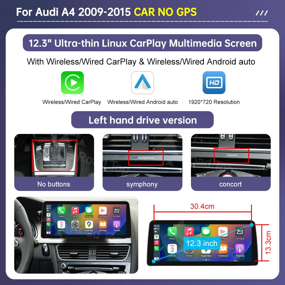 Road Top Radio Multimedia Linux Screen For Audi A4 A5 2009-2015 Wireless CarPlay Android Auto Airplay Car Player Function
