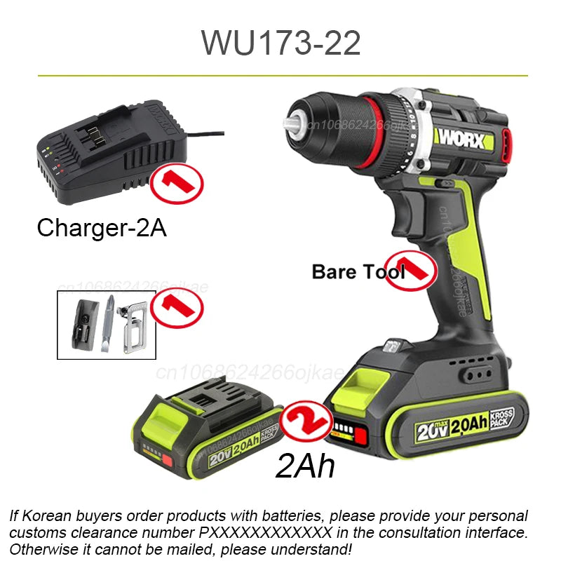 Worx WU173 Wireless Dual Speed Drill Rechargeable Brushless 20v 50Nm 1900rpm 18+1 Torque Adjustable Share WORX 5pin Battery