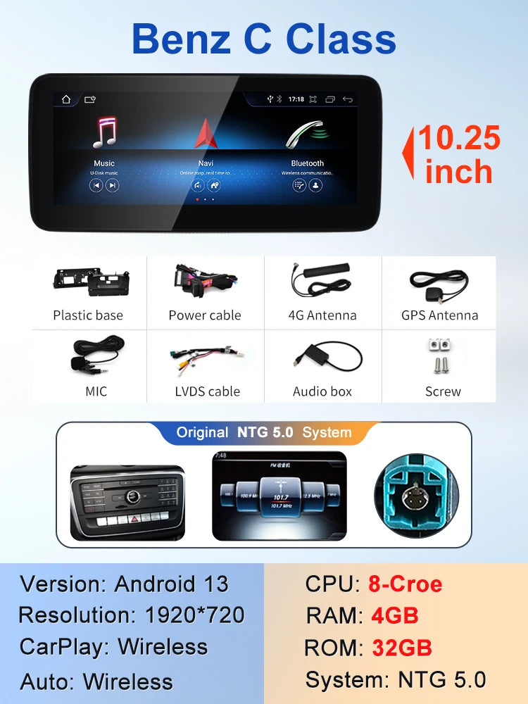 2024 New Car Multimedia Wireless Android AUTO CarPlay 12.3inch Screen For Mercedes Benz C Class GLC W205 S205 Video Players