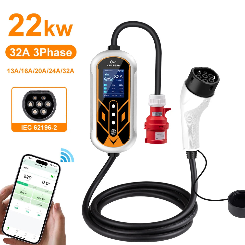 ADPOW Portable 32A Type2 EV Chargers 3Phase 22KW Red 5Pins CEE Plug 5M Cable WIFI APP Control Electric Car Charging Accessories
