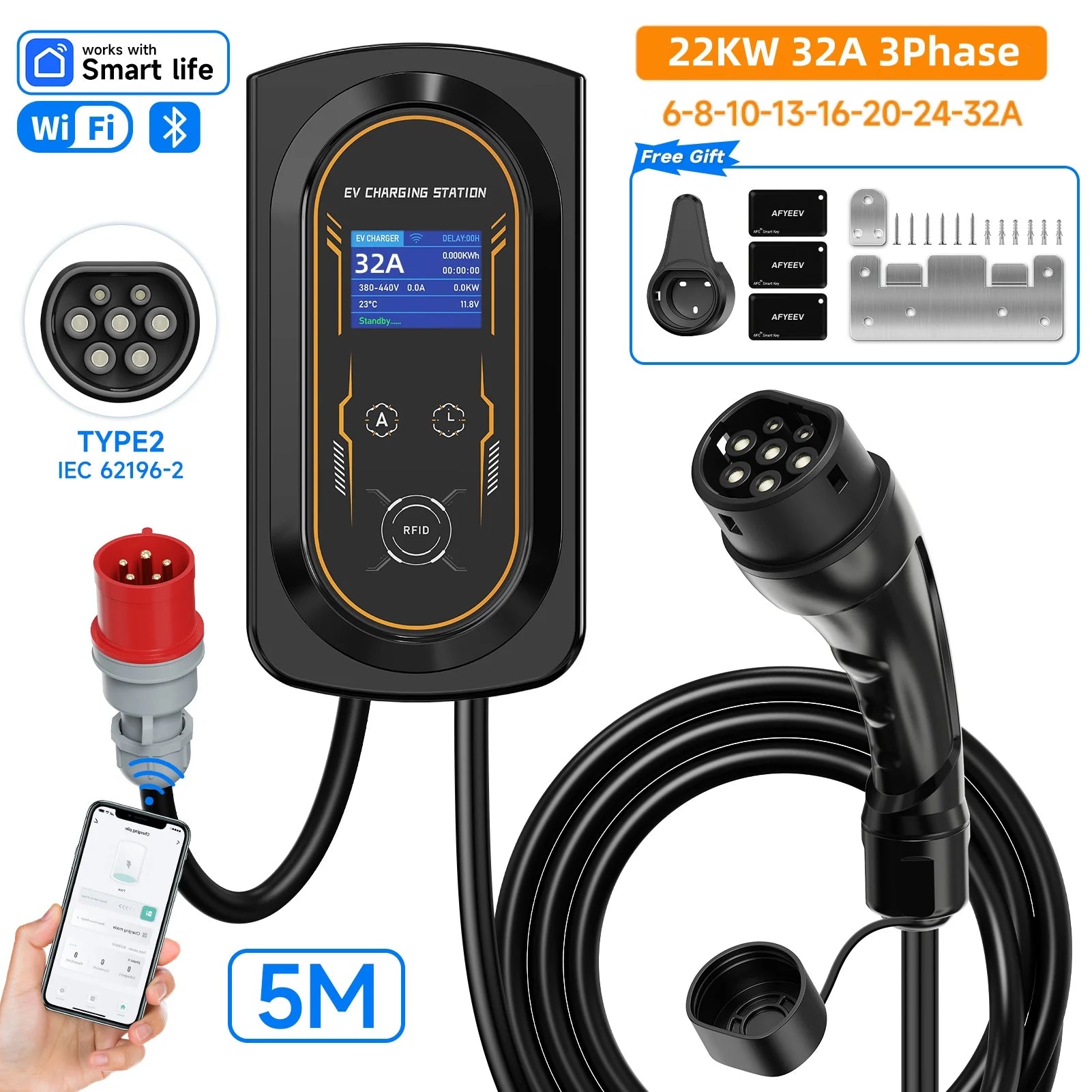 AFYEEV 11KW/22KW New Type2 IEC62196-2 16A/32A EV Charging Station 7.6KW Electric Car Wallbox Charger APP Remote Control CEE Plug