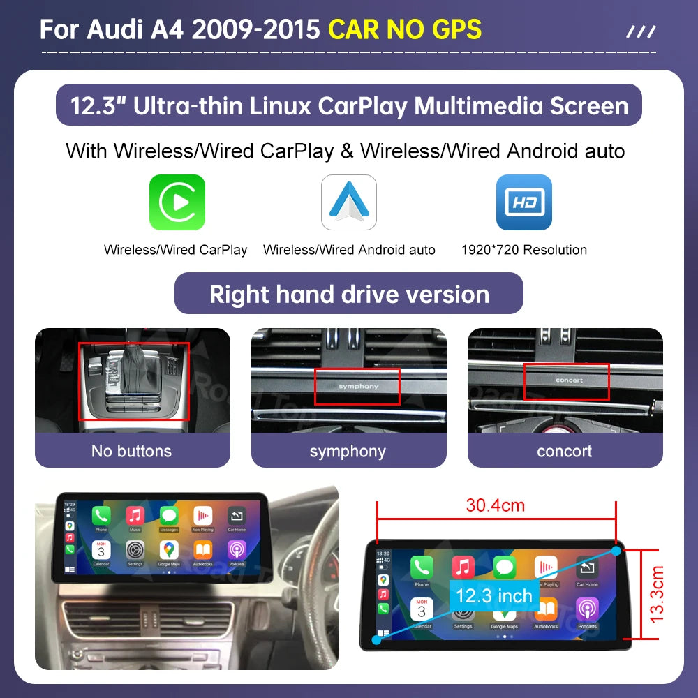 Road Top Radio Multimedia Linux Screen For Audi A4 A5 2009-2015 Wireless CarPlay Android Auto Airplay Car Player Function