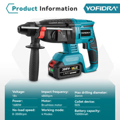 YOFIDRA 26mm Brushless Electric Hammer Drill Cordless Multifunctional Rechargeable Power Tools For Makita 18-21V Battery Pin