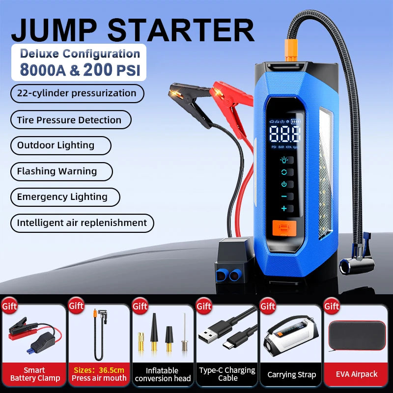 8000a Amp 200 Psi Car Jumper Multi Function 12v Battery Booster Capacitor Auto Compressor Power Bank Jump Starter With Air Pump