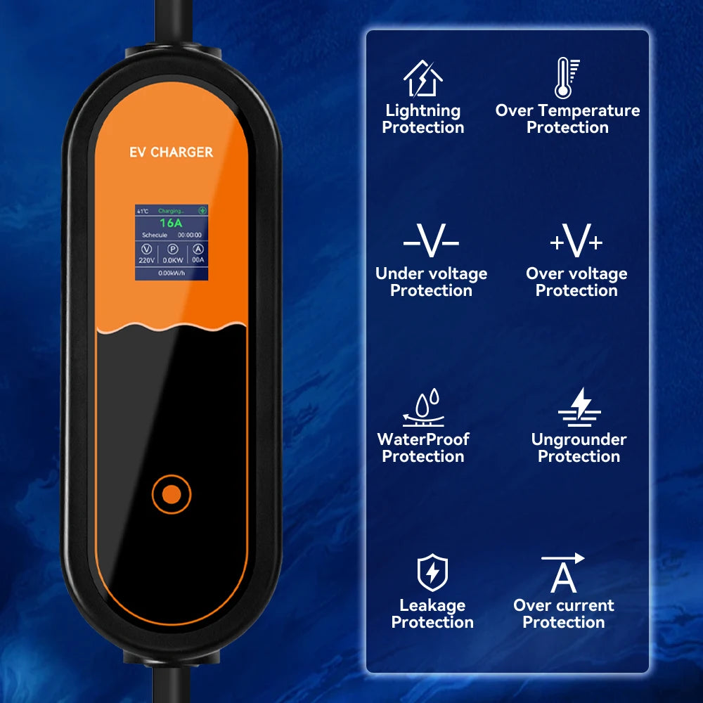 3.5KW Type2 Portable EV Charger 16A 1Phase EU Plug EVSE Charging 8A-10A-13A-16A Current Adjustable Electric Vehicle Charging
