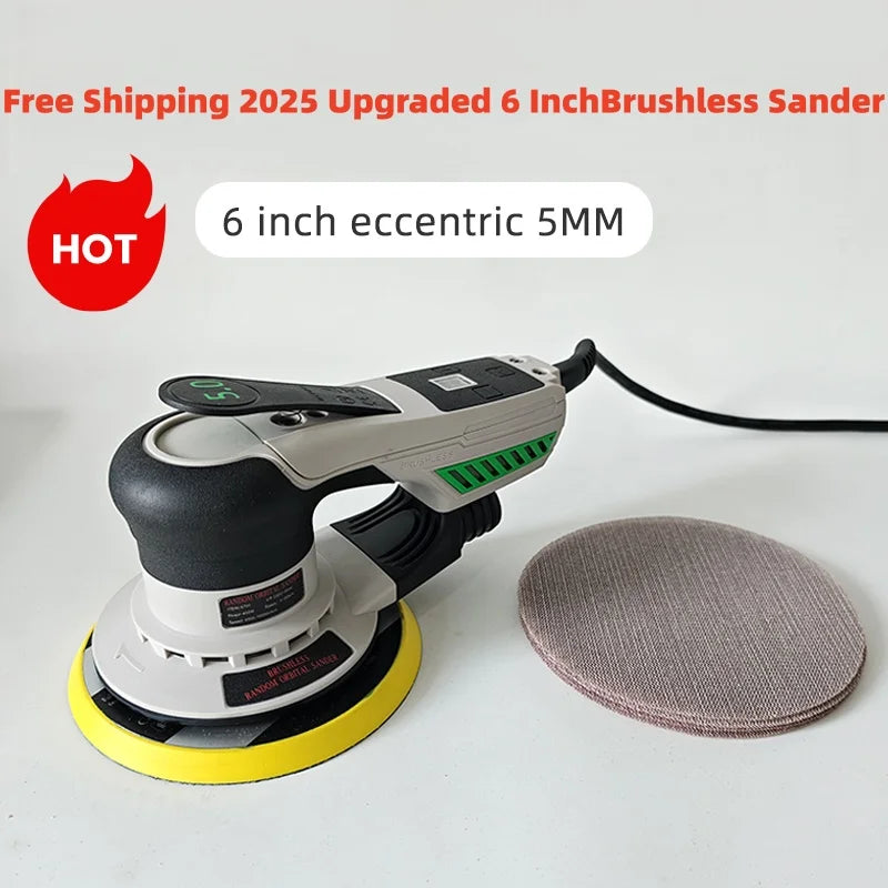 Professional 6 Inch 150mm Electric Brushless Orbital Sander ,5mm Eccentric, for Car Polishing Wood Metal Furniture Sanding