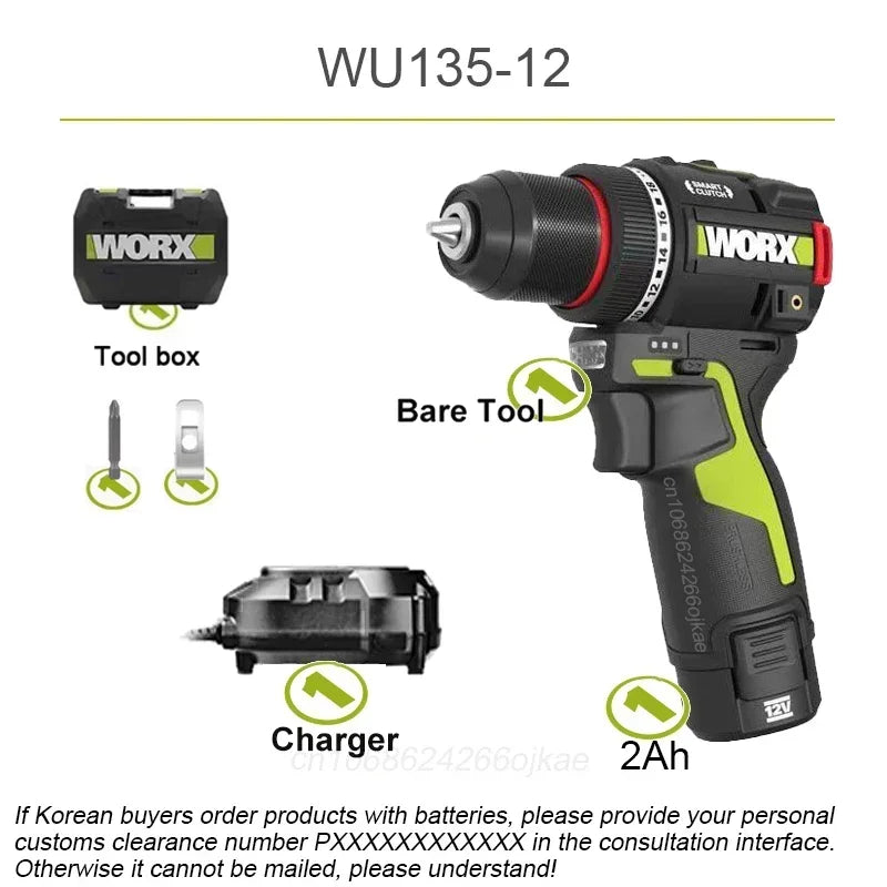 Worx 12v Cordless Electric Drill WU135 Brushless 50Nm 1 Smart Clucth Auto Stop and 2 Speed Adjustable Univeral 12V Paltform