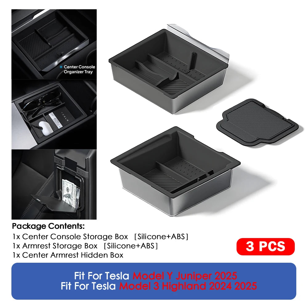 For Tesla Model Y Juniper 2025 & Model 3 Highland 2024 2025 ABS Center Console Organizer Tray Armrest Storage Box Accessories