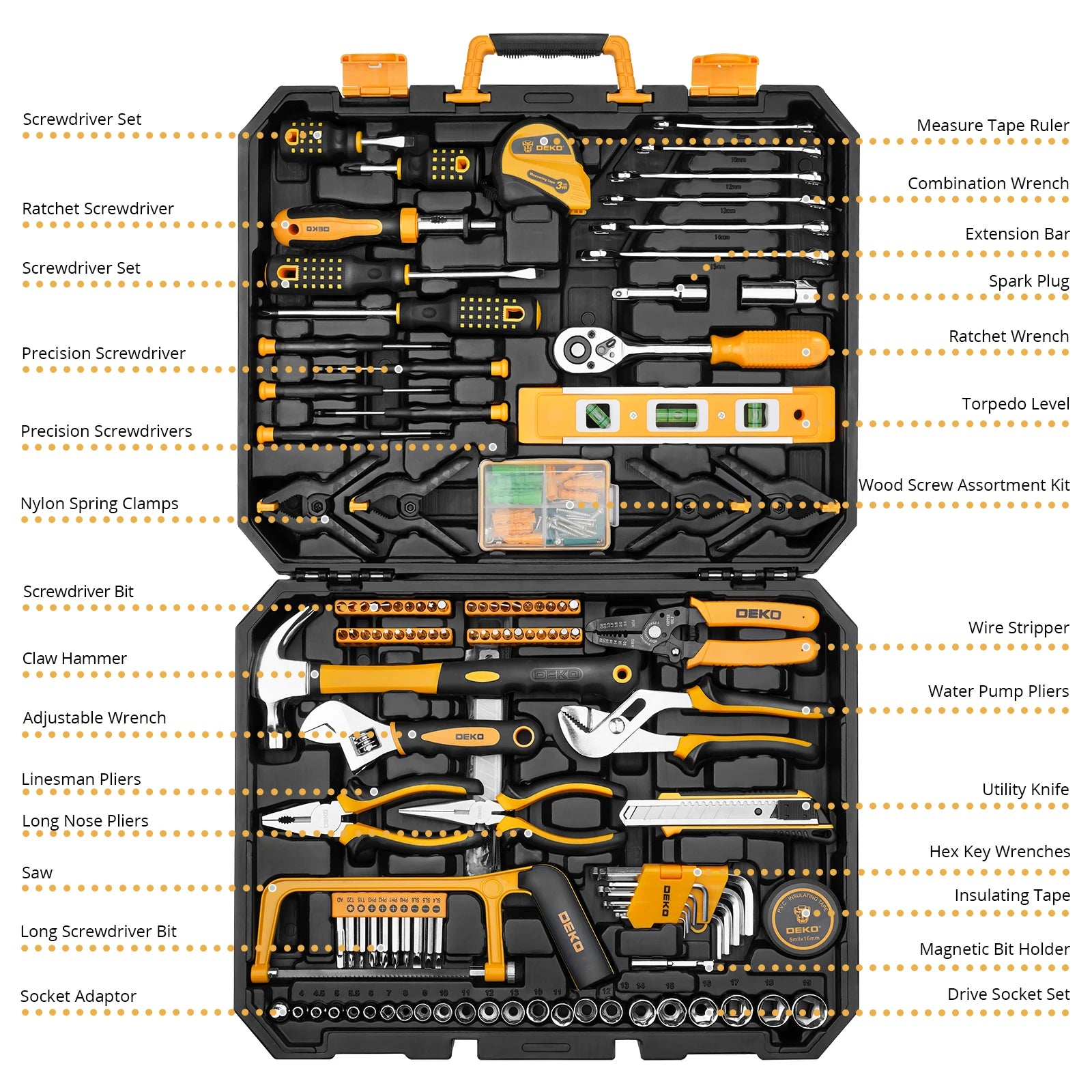 DEKO 228Pieces Socket Wrench Auto Repair Tool Combination Package Mixed Tool Set Hand Tool Kit with Plastic Toolbox Storage Case